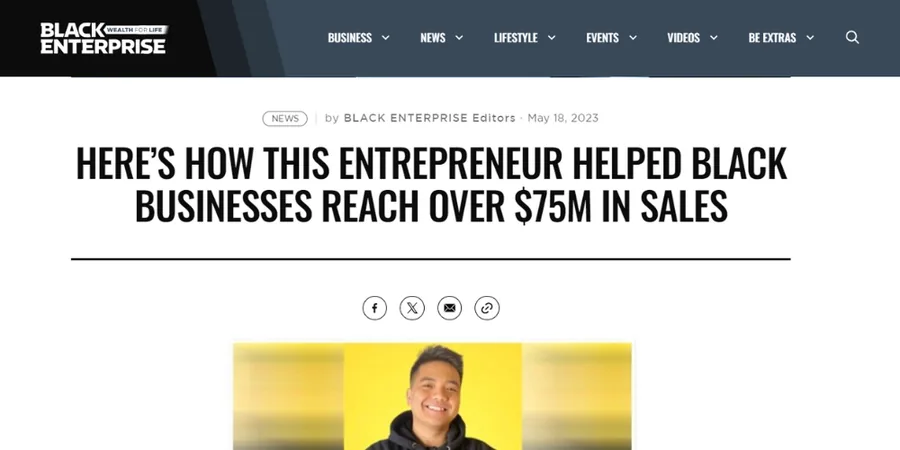 Black Enterprise headline about helping Black businesses reach over $75M in sales